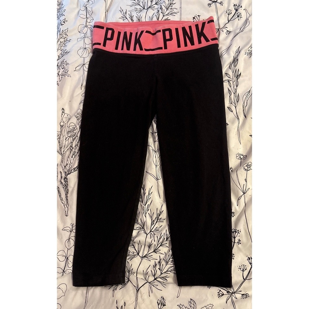 Victoria's Secret PINK Hot Pink Bling y2k Foldover‎ Cropped Black Leggings, XS